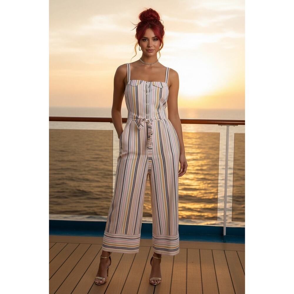 Maeve Easy Sleeveless Shirting Jumpsuit M Tall NWT Striped Tie Waist Pull On